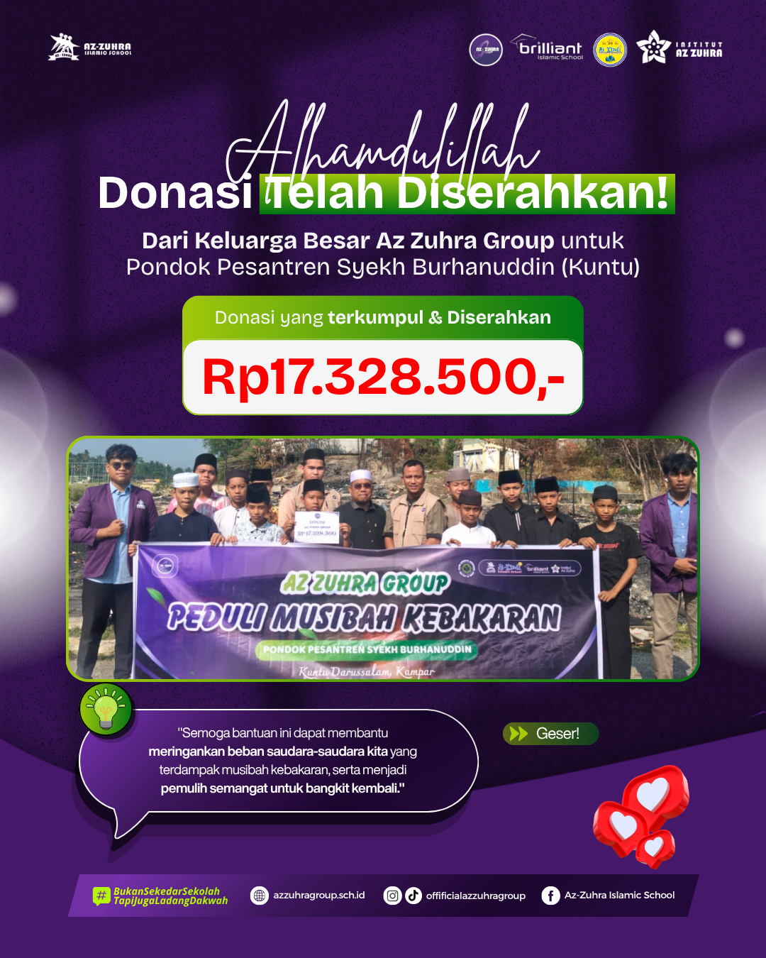 Az-Zuhra Group Salurkan Bantuan Rp17,3 Juta untuk Korban Kebakaran Ponpes Syekh Burhanuddin Kuntu, Kampar