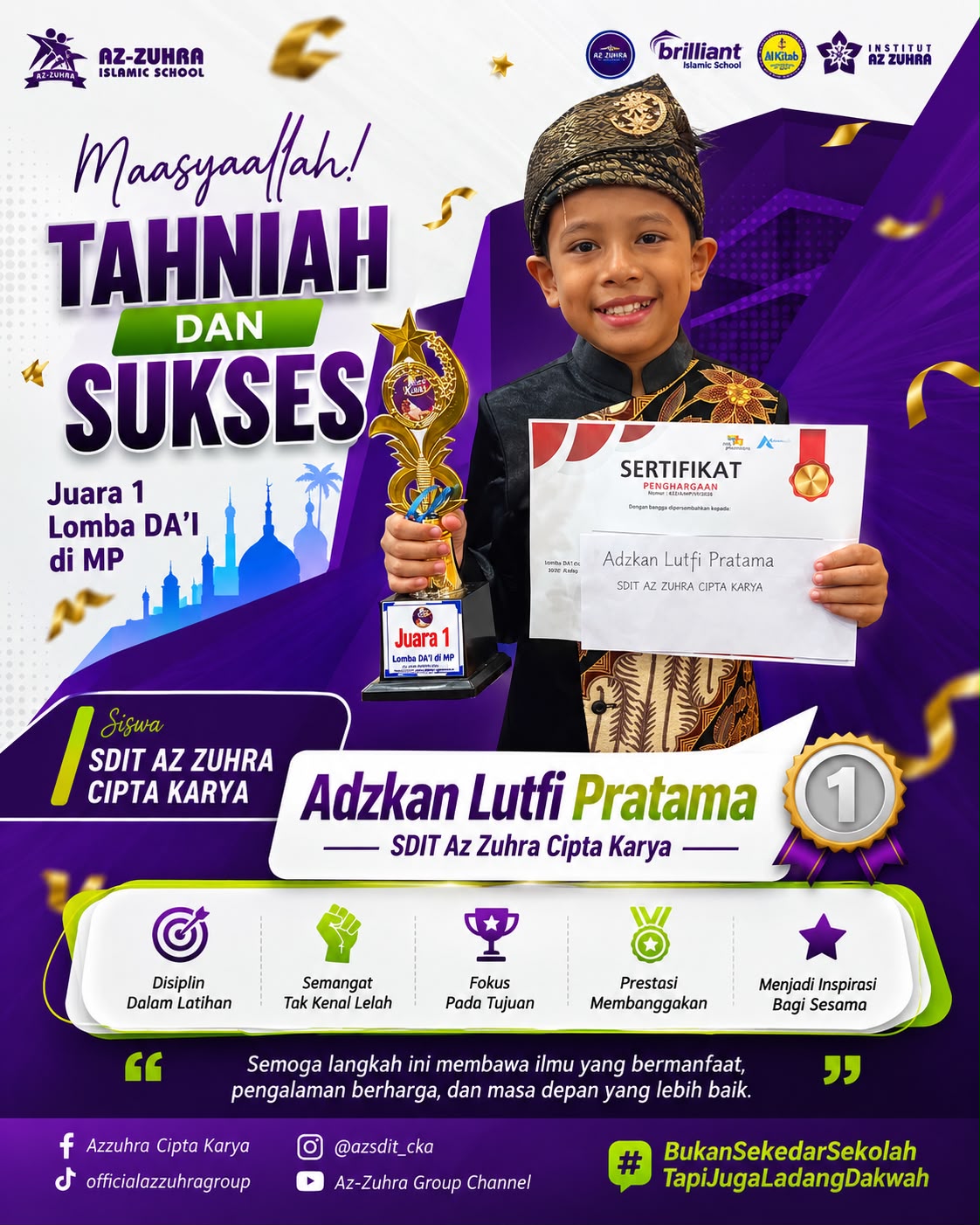 Tahniah! Siswa SDIT Az Zuhra Cipta Karya Raih Juara 1 Lomba DA’I di MP