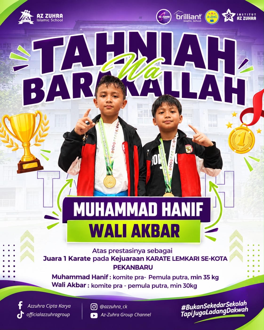2 Siswa SDIT Az-Zuhra Cipta Karya Raih Juara 1 Kejuaraan Karate LEMKARI Se-Kota Pekanbaru