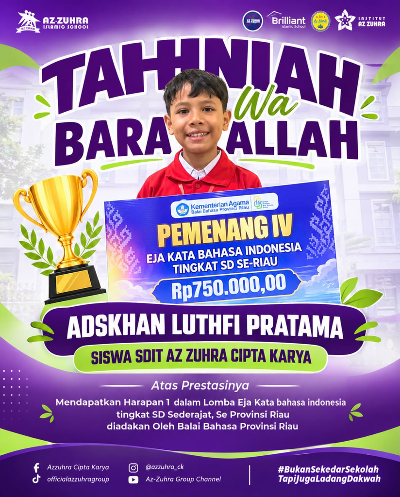 Membanggakan! Siswa SDIT Az-Zuhra Cipta Karya Raih Juara Harapan I Lomba Eja Kata Bahasa Indonesia Tingkat Provinsi Riau